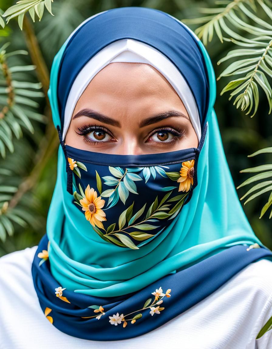 Playful Hijabi Woman with Mask in Oil Painting Style