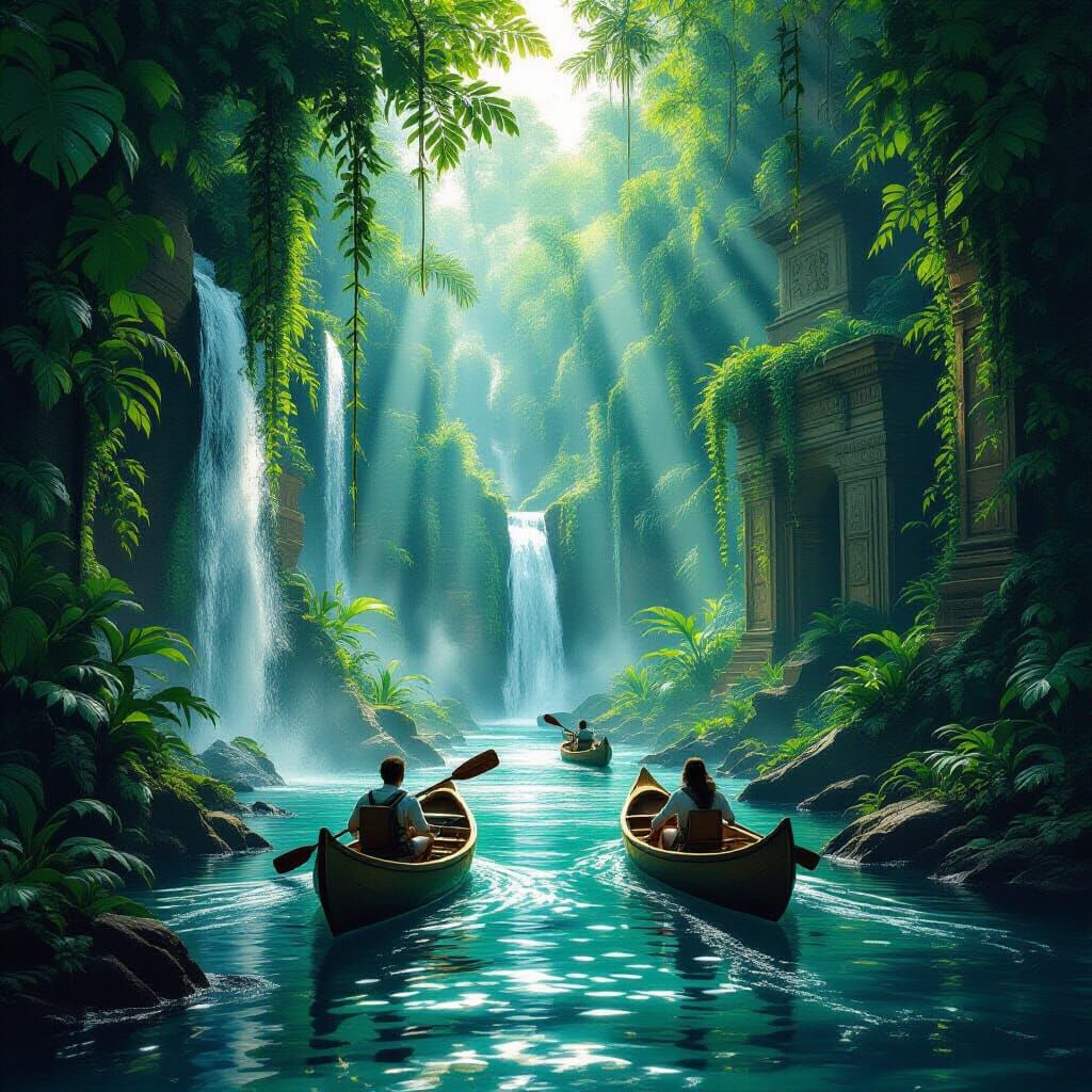 Jungle River Explorers in Ancient Roman Ruins Digital Painti...
