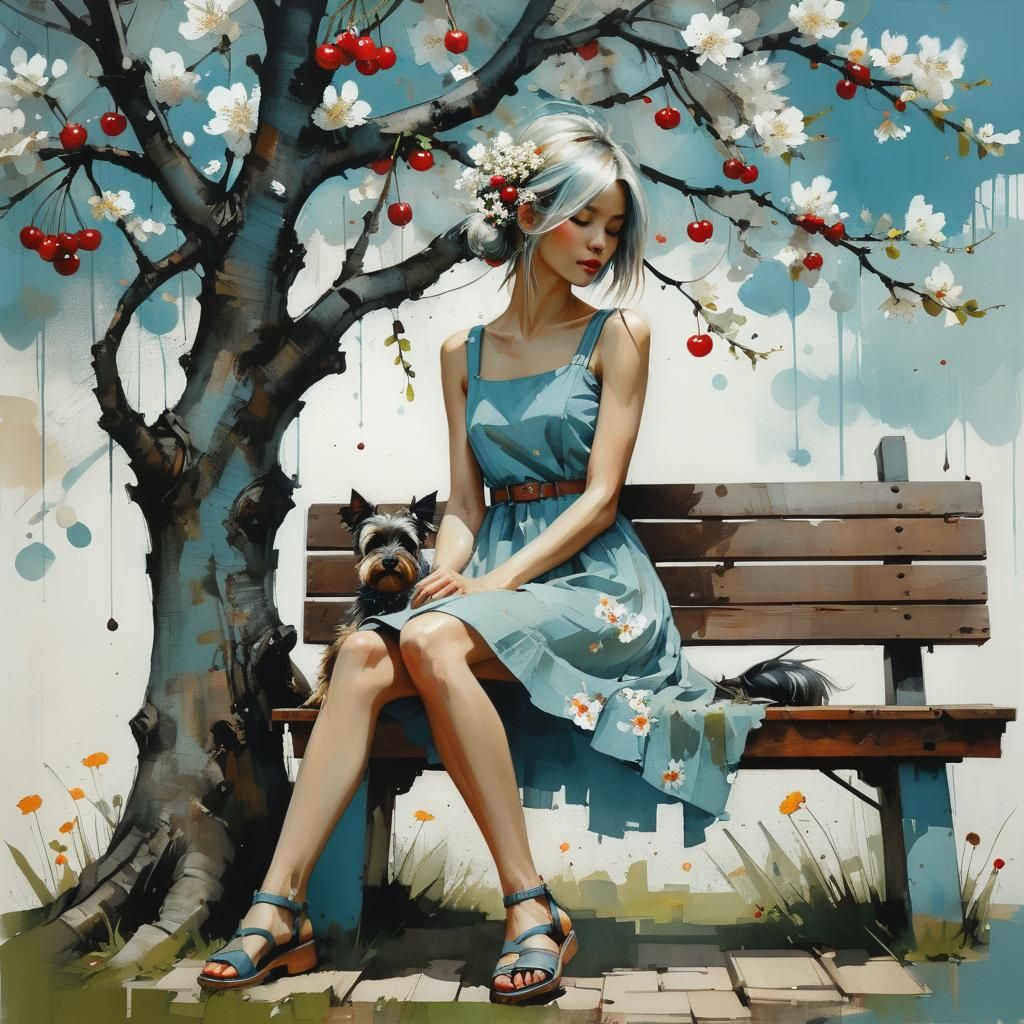 By Paul Lovering, Mattias Adolfsson, Russ Mills, Alexander Jansson art style:: ""An cherry tree full of flowers with a w...