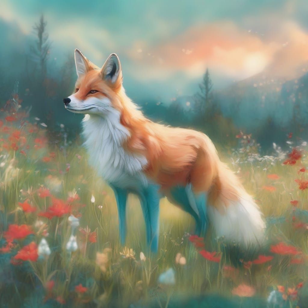 Teal Fox in Fantasy Meadow at Dusk