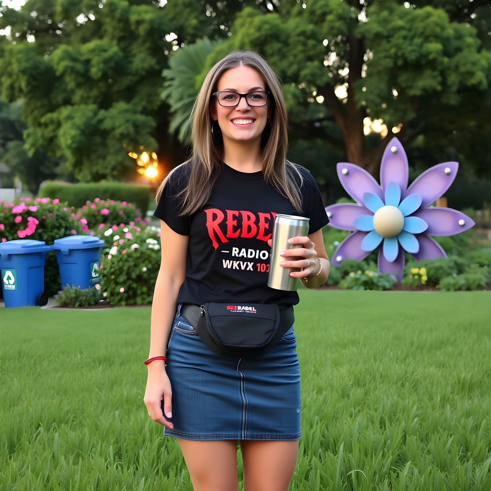 Cyberpunk Woman with Radio Logo, Denim Mini and Garden