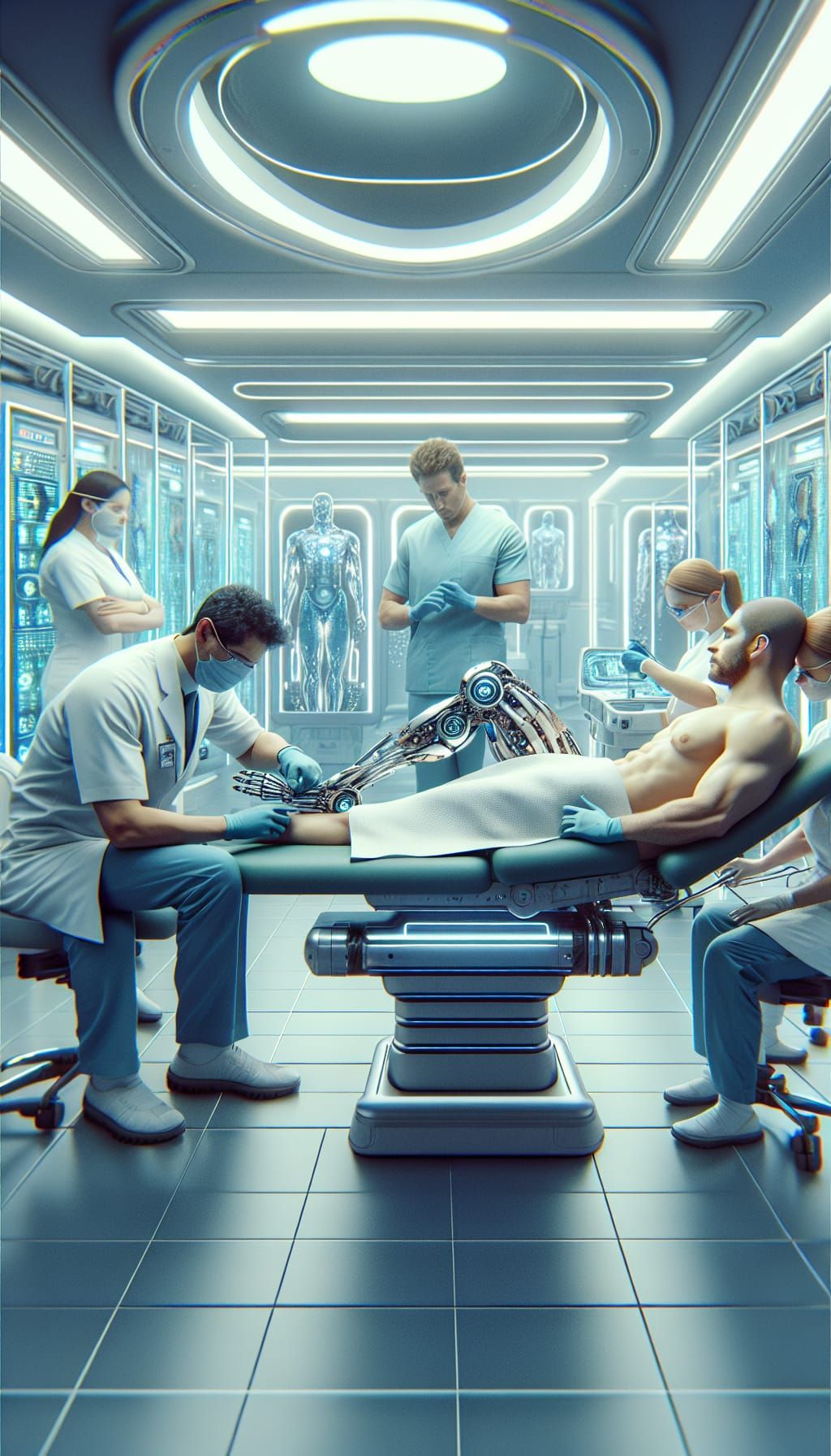 Bionic Arm Adjustment in Cyberpunk Medical Setting