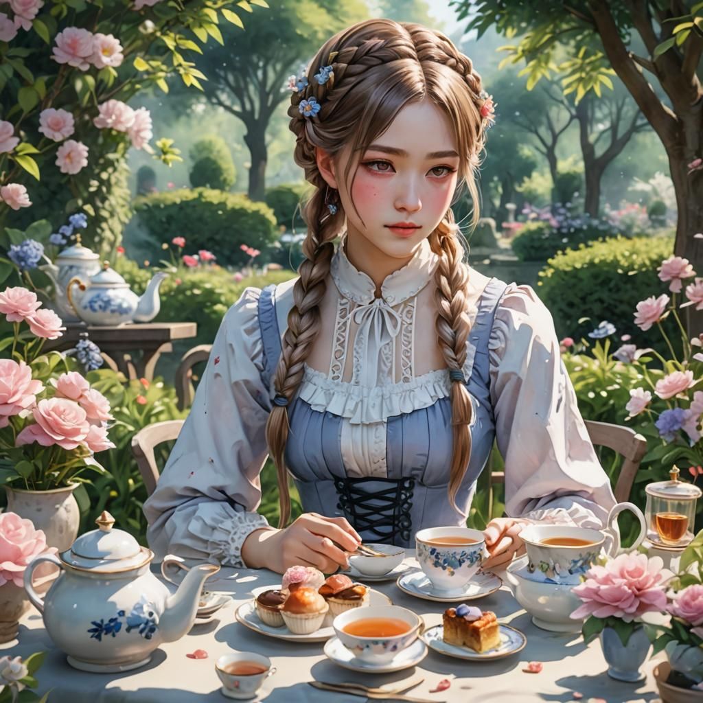 Anime Girl Attends Garden Tea Party in Watercolor