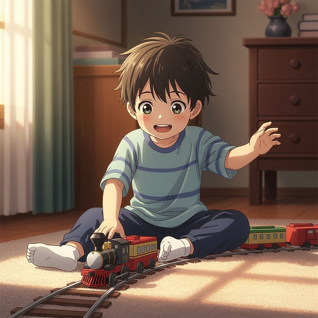 Boy's Joyful Play With Toy Train in Cozy Room