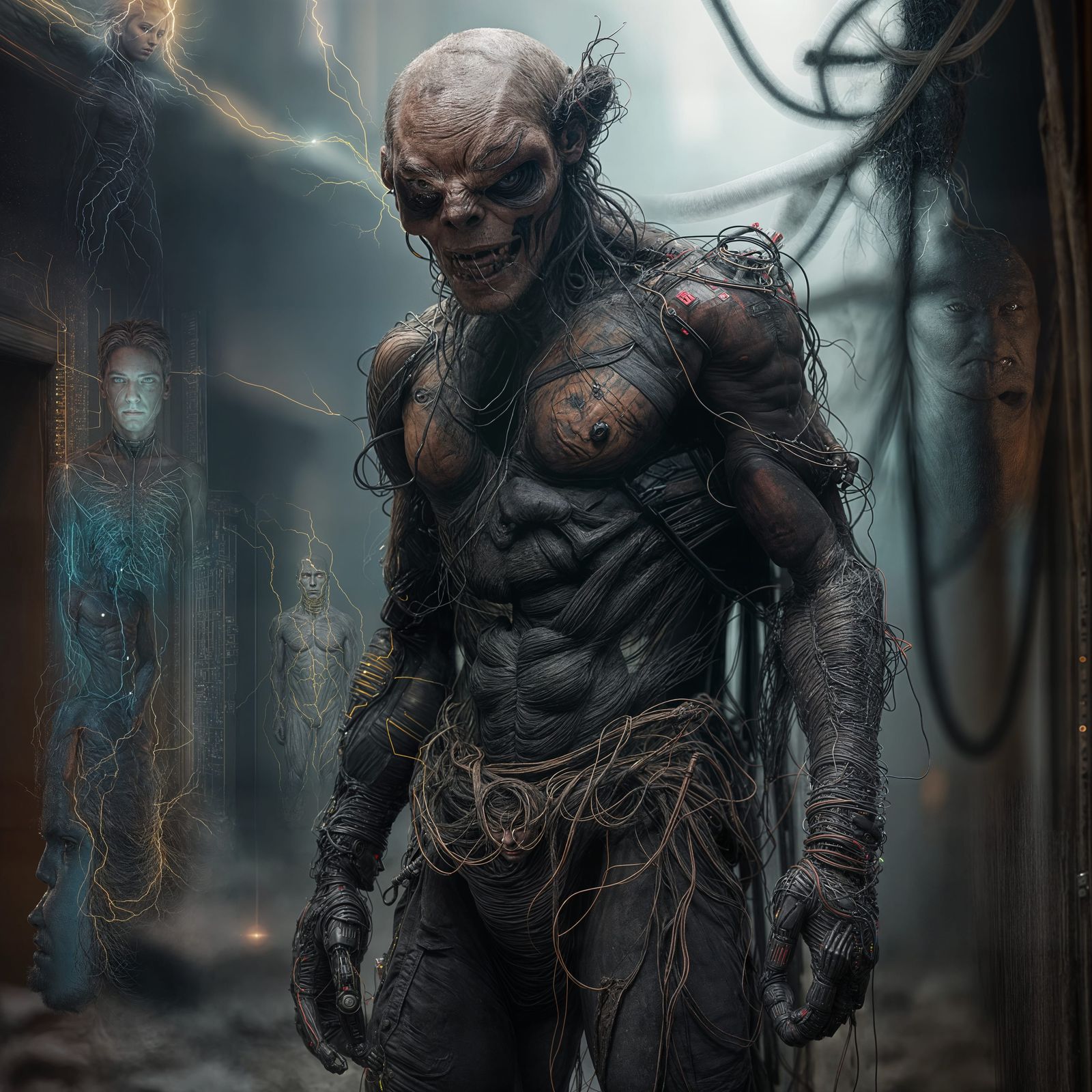 Biomechanical Hybrid in Cyberpunk Hellscape