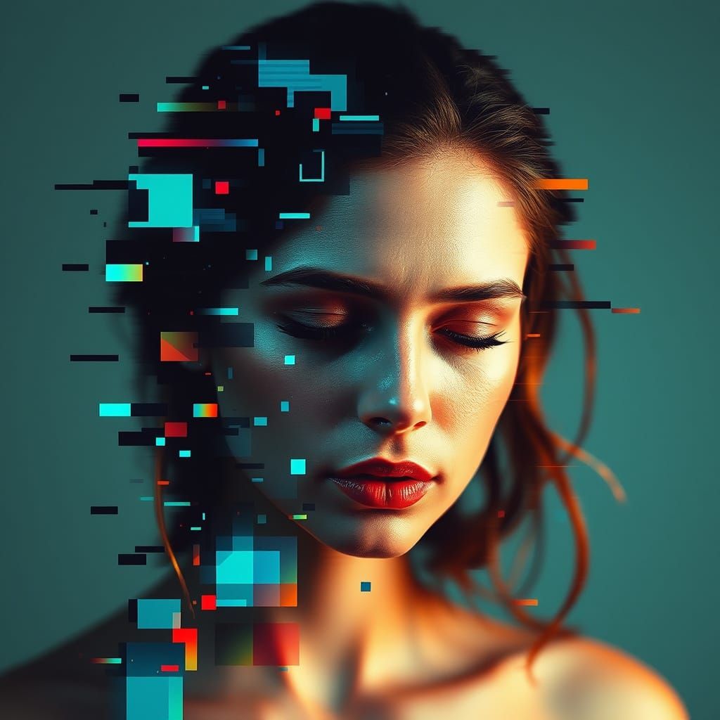 Fragmented Emotions: Glitch Art Portrait of a Woman