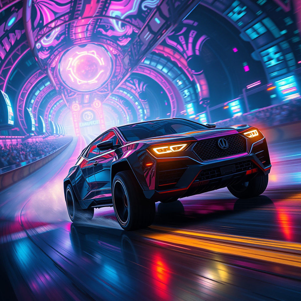 Neon-Lit SUV Race in a Futuristic Dreamscape