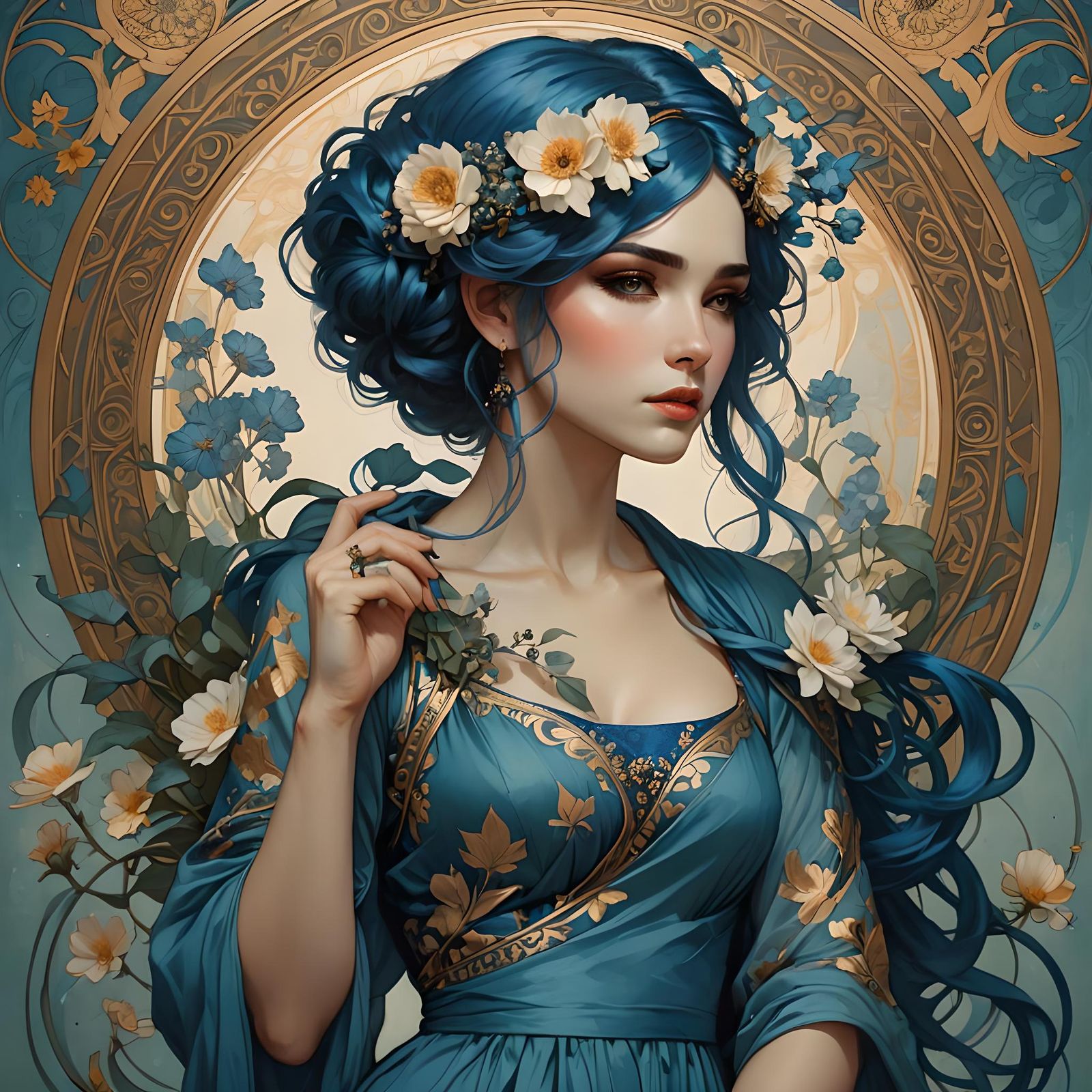Woman with Blue Hair in Art Nouveau Style