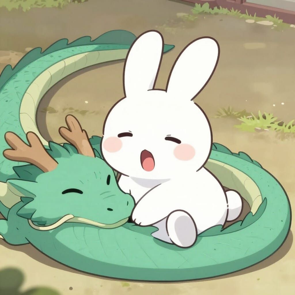 Cute Anime Rabbit Surprised by Sleeping Dragon