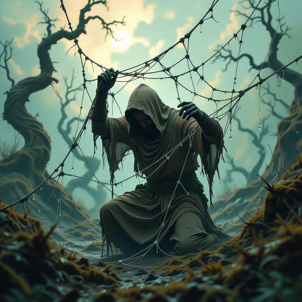 Figure Entangled in Surreal Spider Web