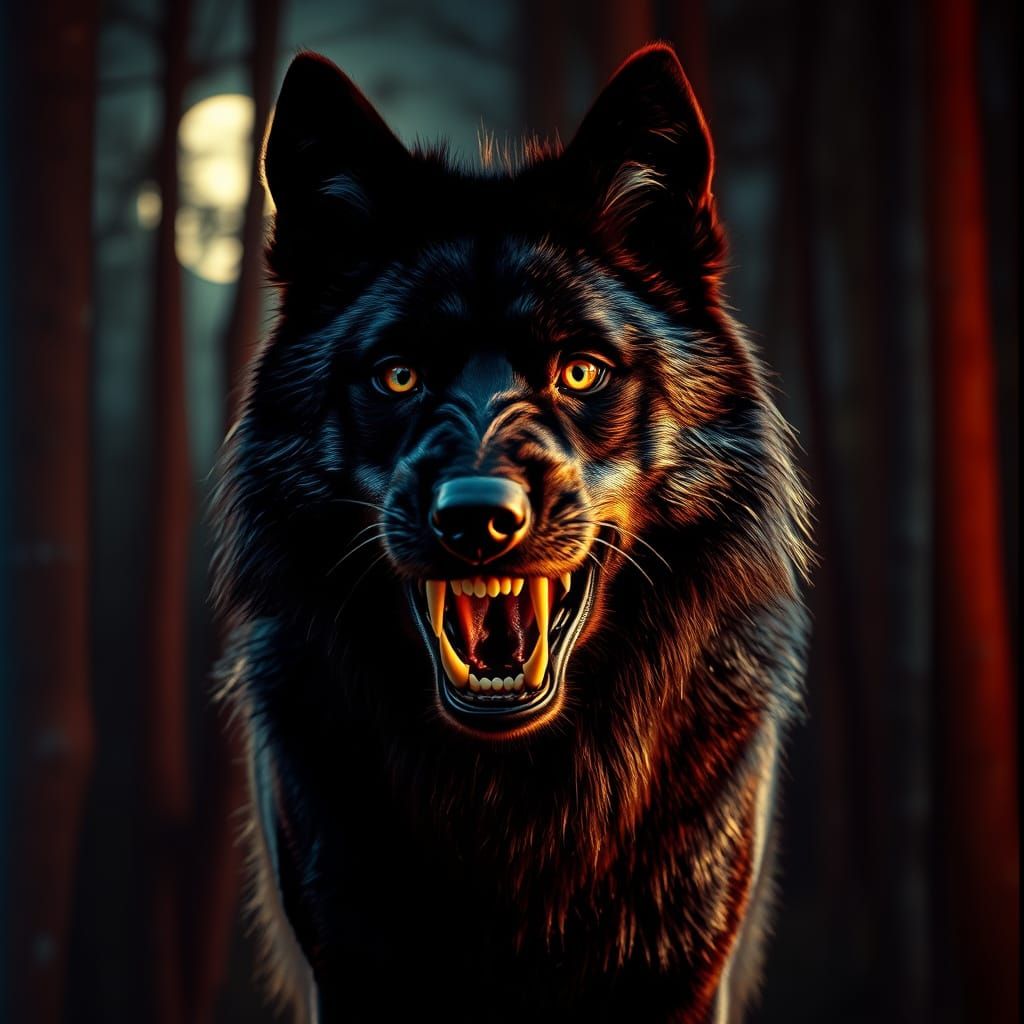 Moonlit Black Wolf in Dark Forest Majesty