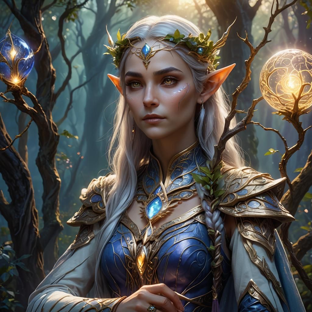 Elven Druidess with Glowing Staff in Fantasy Art