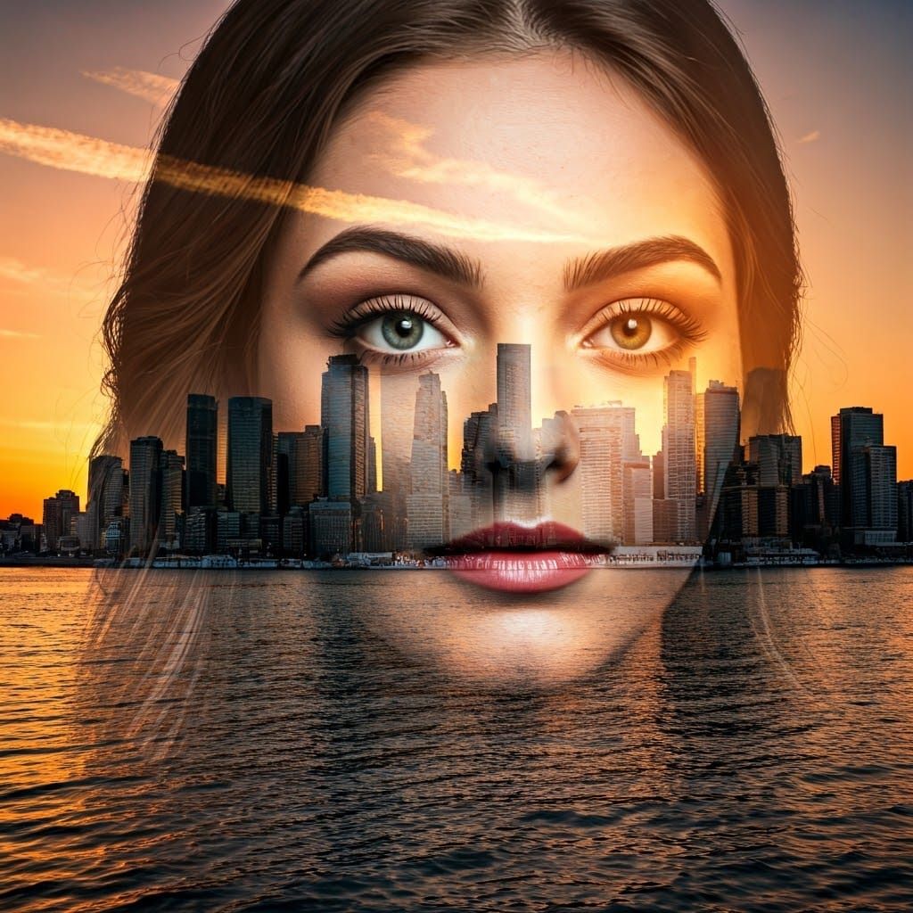 Woman and City: Double Exposure Sunset