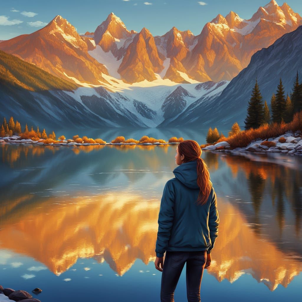 Girl by Lake with Mountains in Vibrant Oil Painting Style