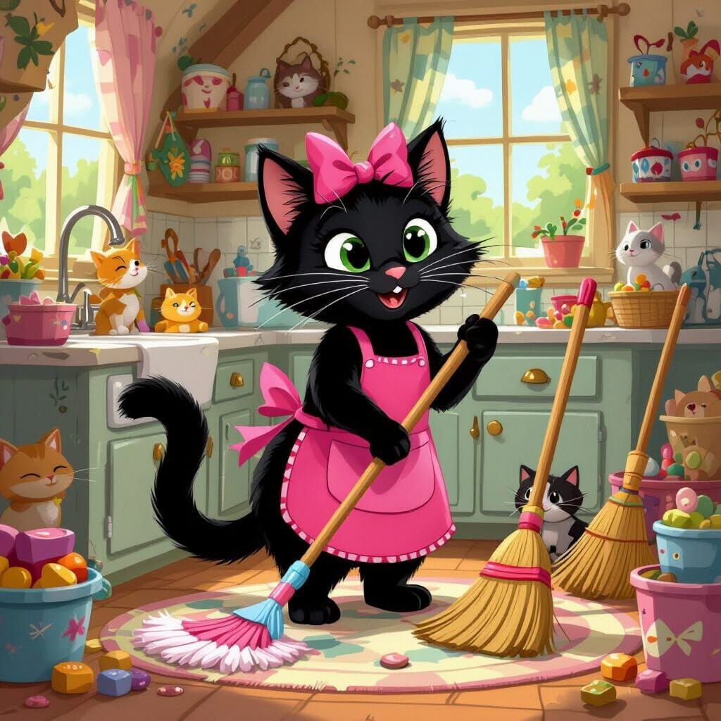 Cartoon Cat Cleaning House in Disneyland Style