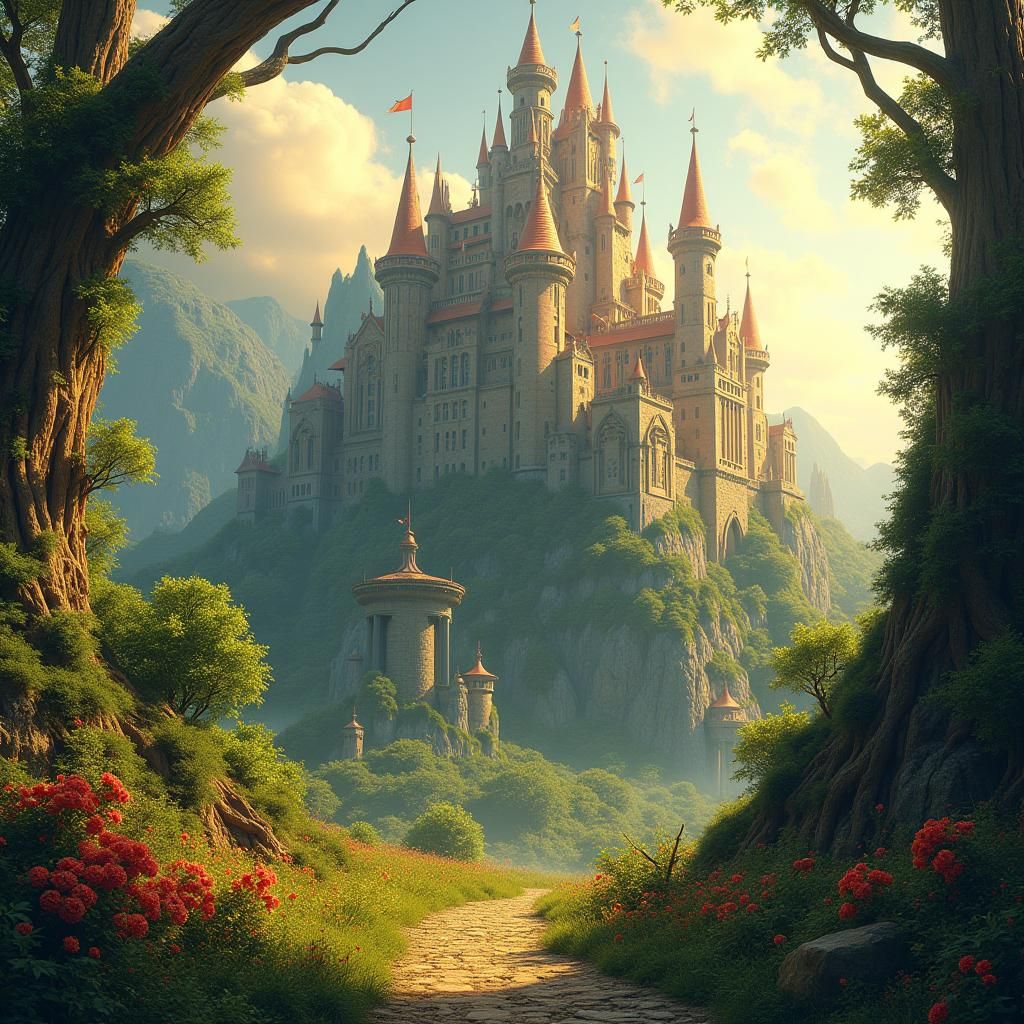 Utopian Fantasy Castle in Prehistoric Valley