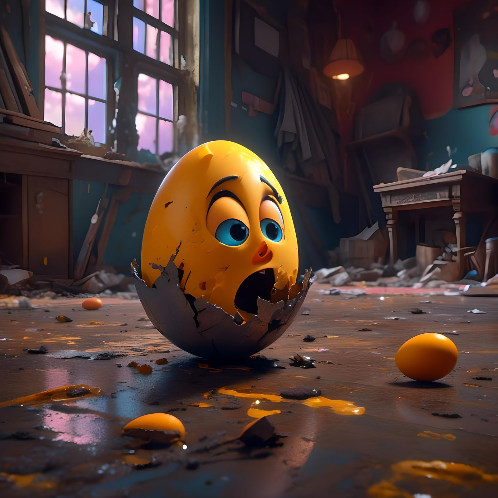 <lora:Miscelleni:1.0> Horrified cgi egg character looking at...