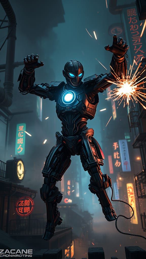 Hero Battles Cyborg in Arcane Zaun Cinematic Scene