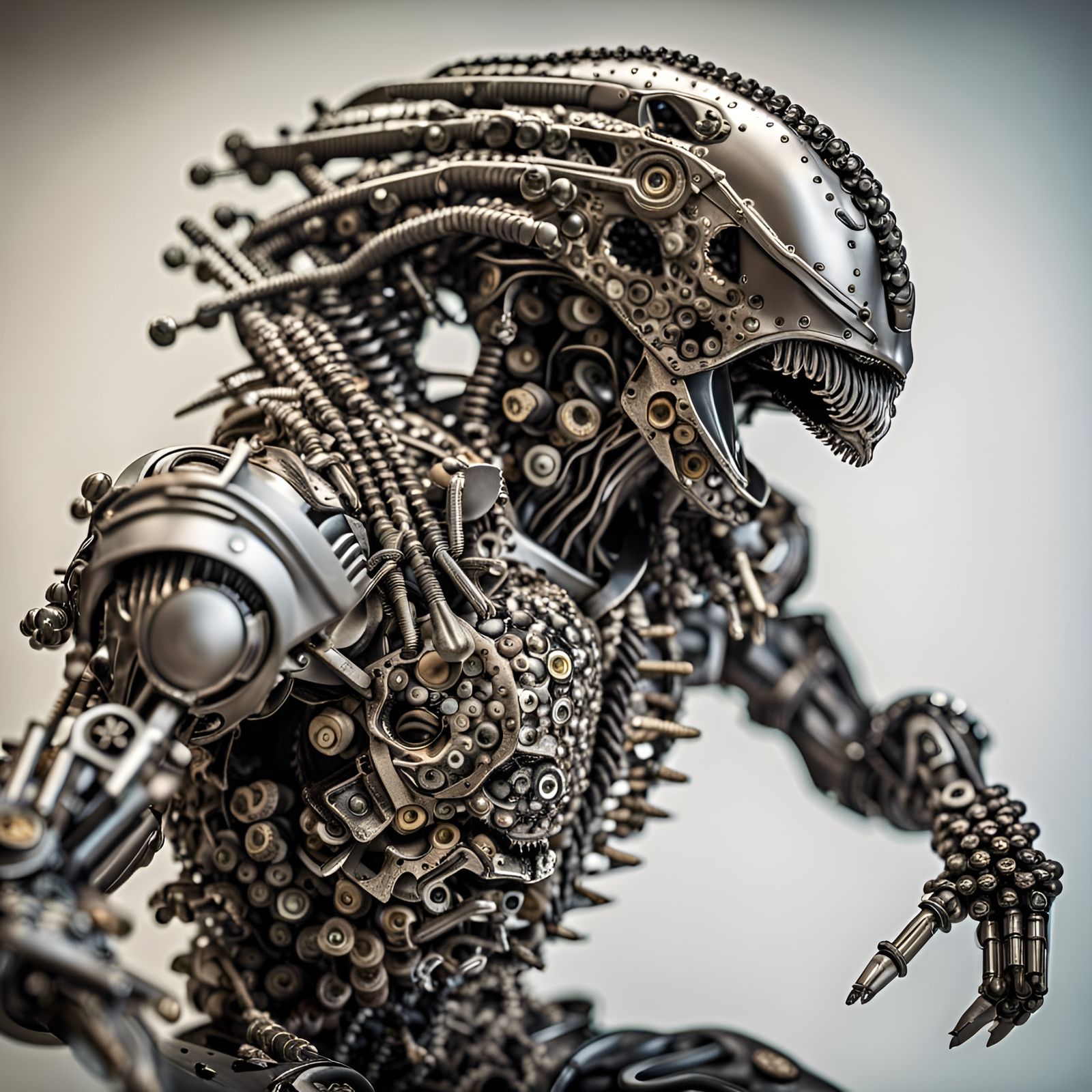 Alien and Predator hybrid art statue made from nuts, bolt and all kinds of metal