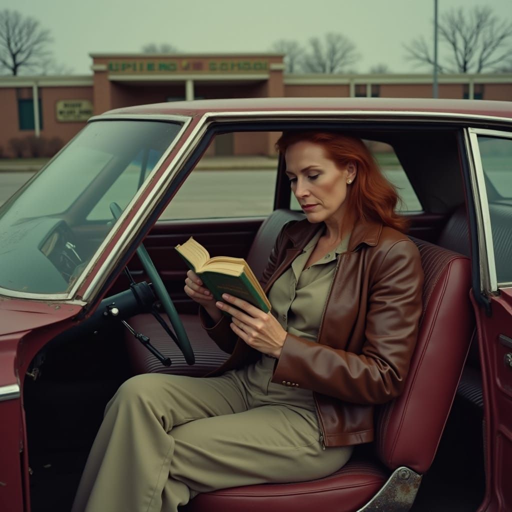 Woman Reads in Vintage Plymouth Sedan, Nostalgic Afternoon