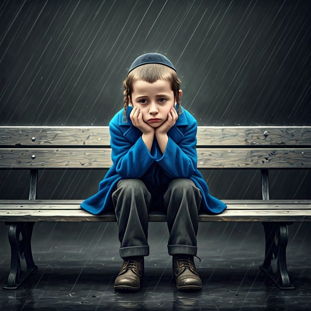 Contemplative Young Hasidic Boy in Rainy Atmosphere