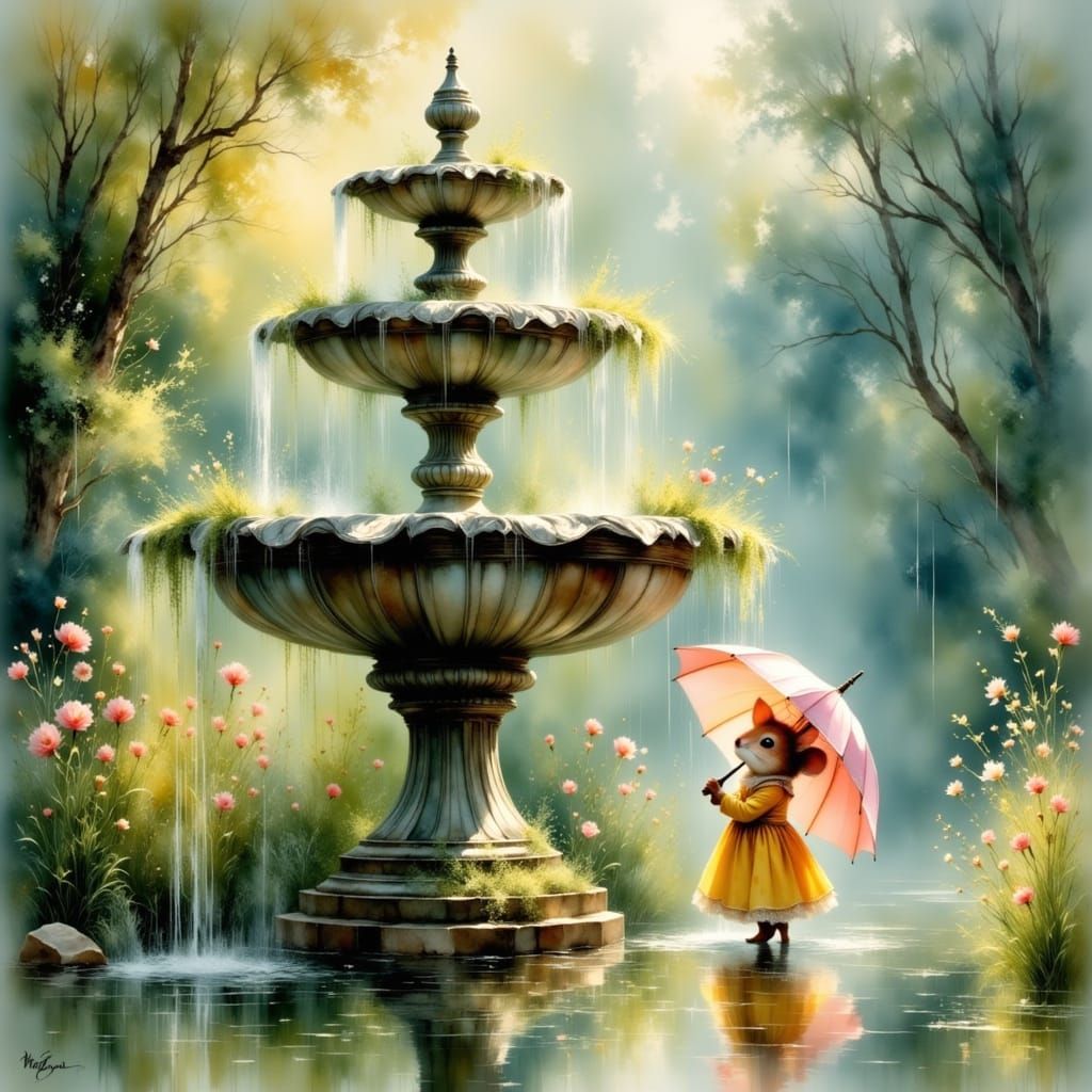 Whimsical Fountain Scene in Soft, Dreamy Style