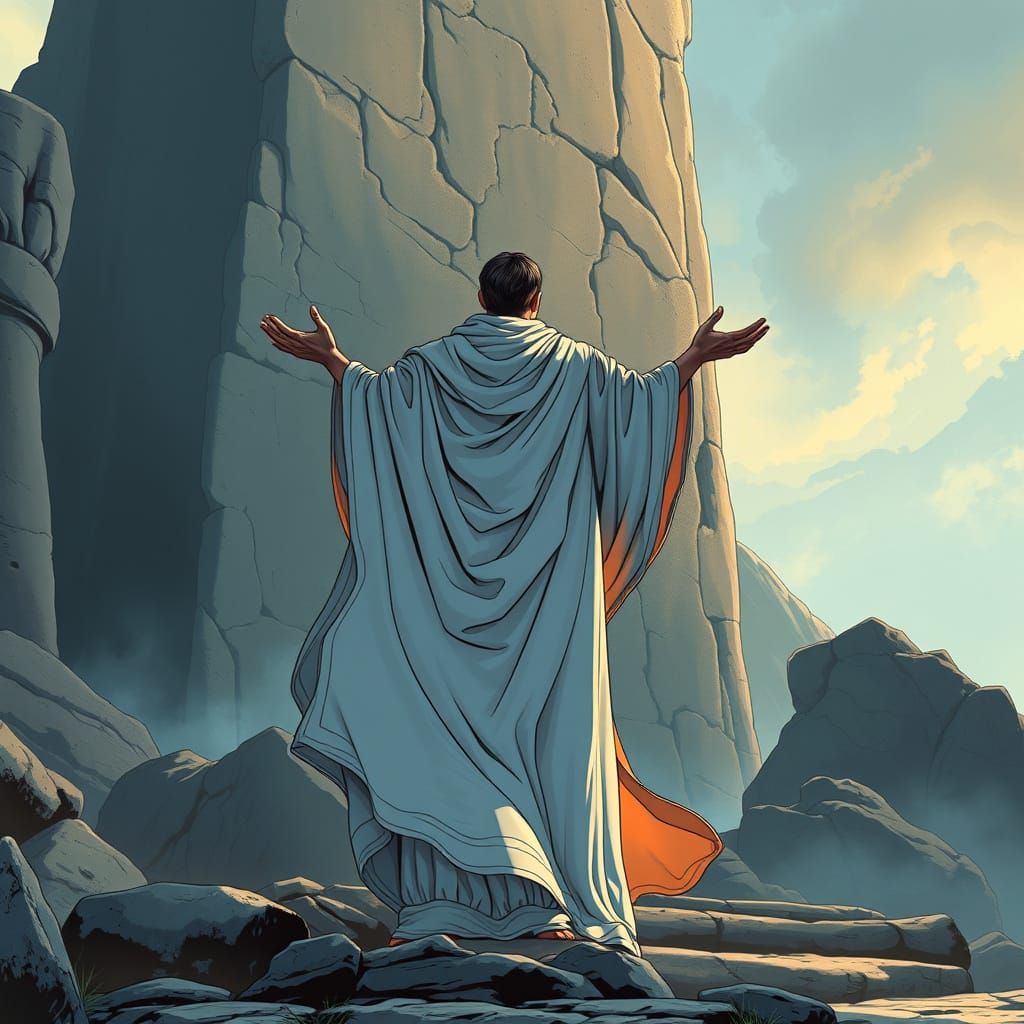 Figure of Faith Before Ancient Monument