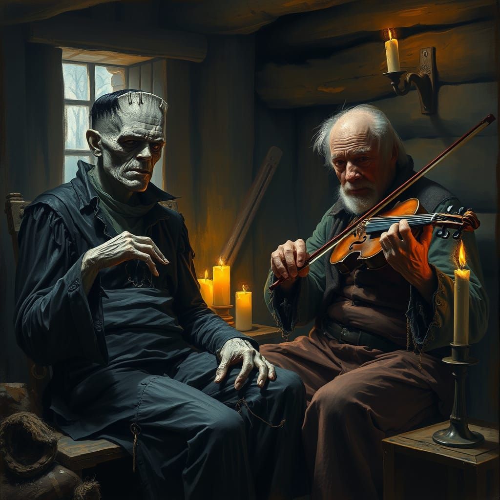 Frankenstein Listens to Violin in Cottage