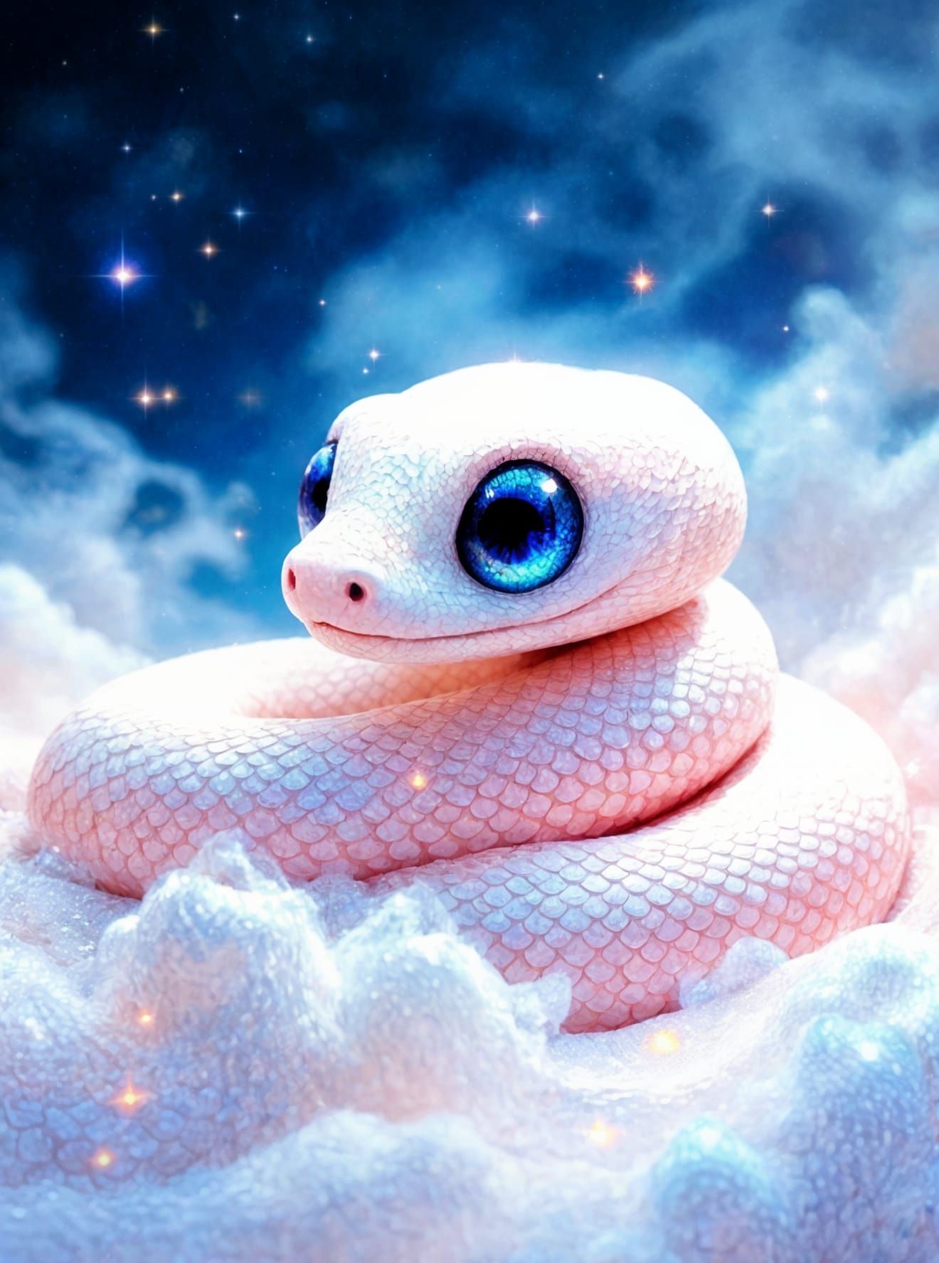 Cute Chibi Python in Galaxy Sky, as Digital Watercolor