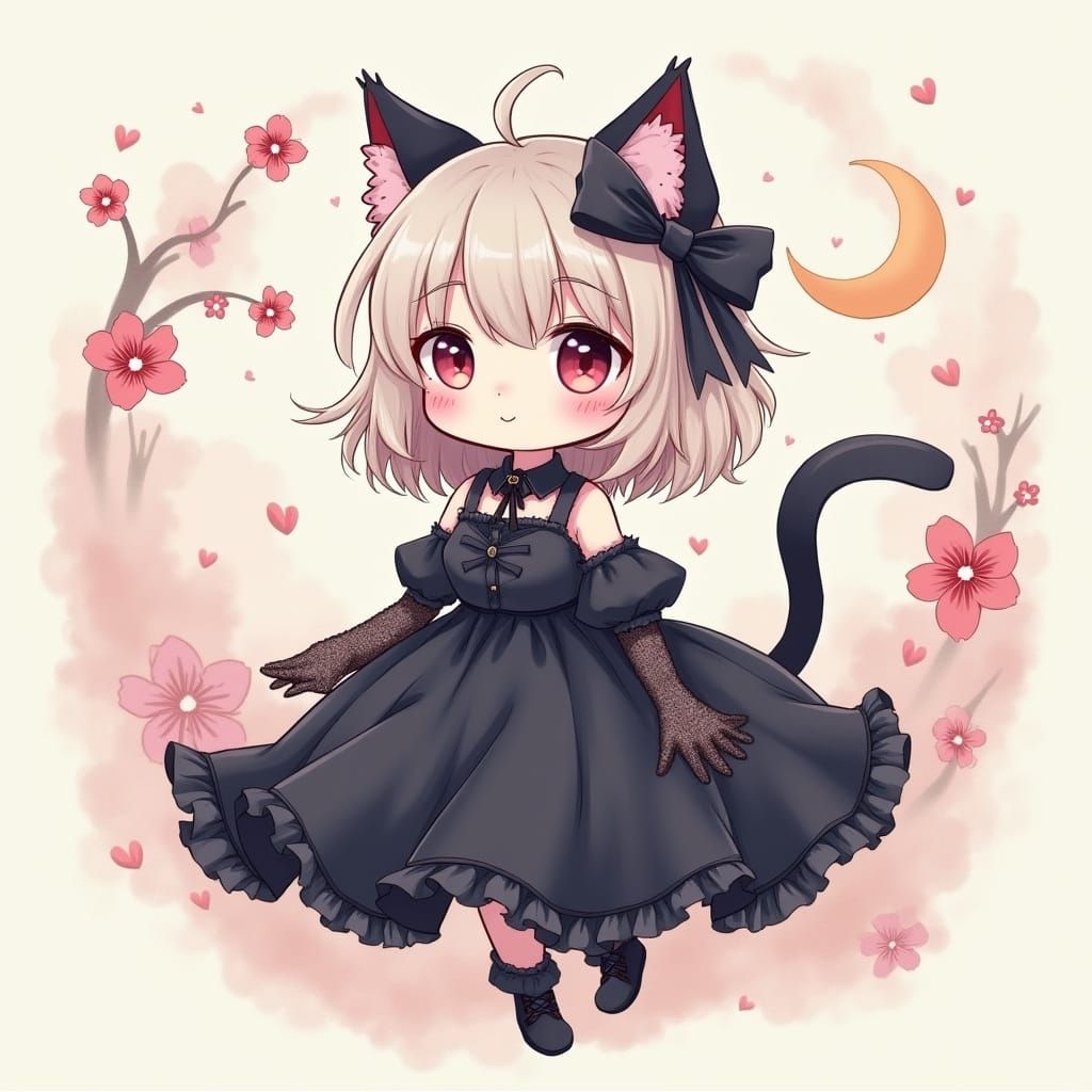 Gothic Kawaii Cat Girl Enchants with Whimsical Pastel Beauty
