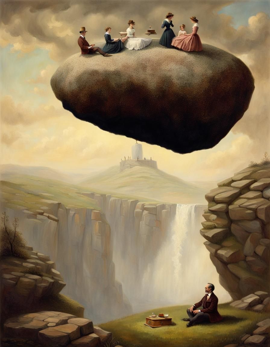 Victorian Picnic Under Levitating Rock: Surreal Scene