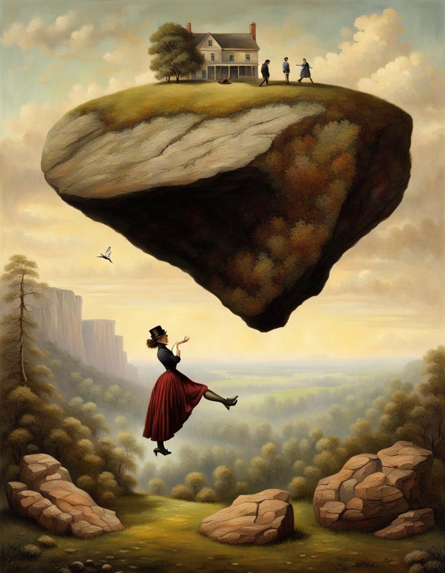 Ethereal Victorian Picnic Scene Under Levitating Rock