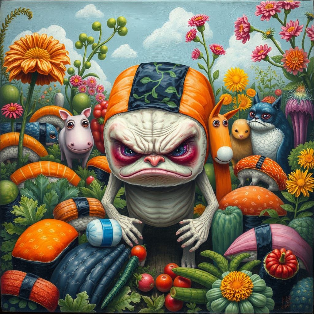 Grumpy Sushi Humanoids in Surreal Garden