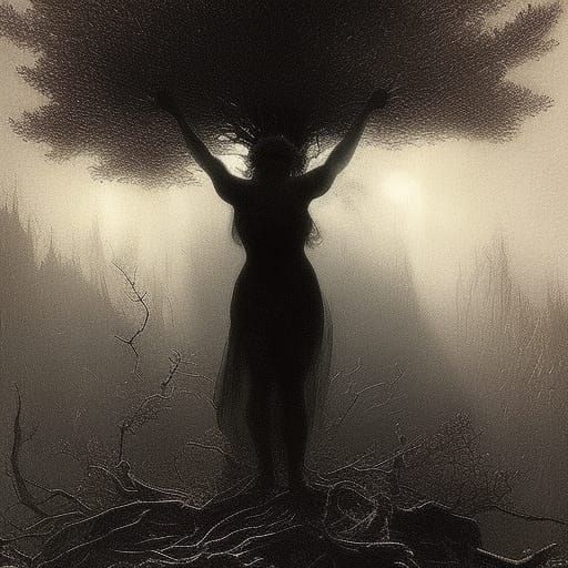 Luminous Shadow Tree: A Gothic Horror Illustration