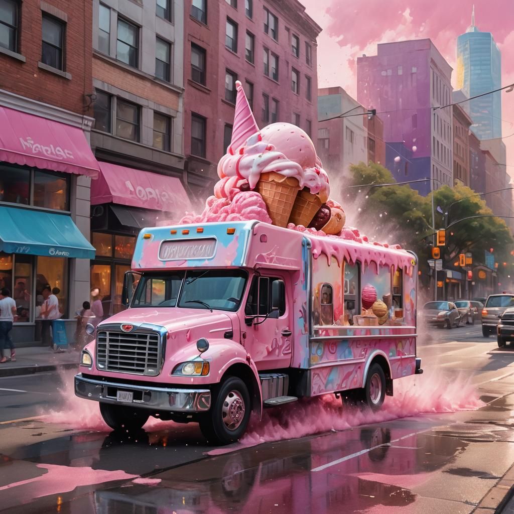 Pink Ice Cream Truck in Vibrant Digital Art Style