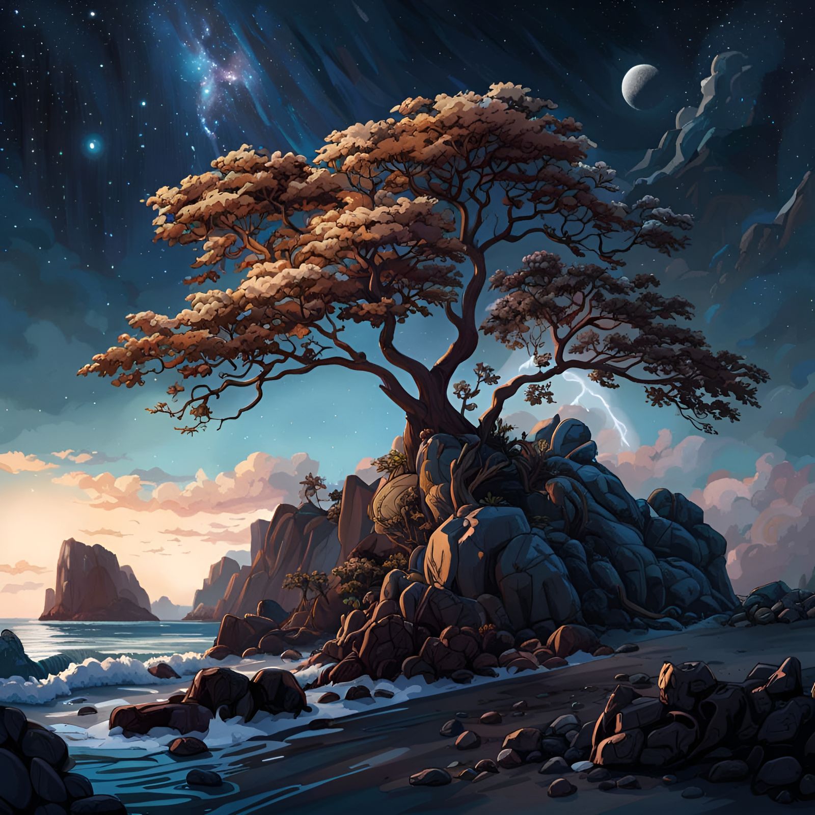 Starry Night Over Rocky Ocean Shoreline