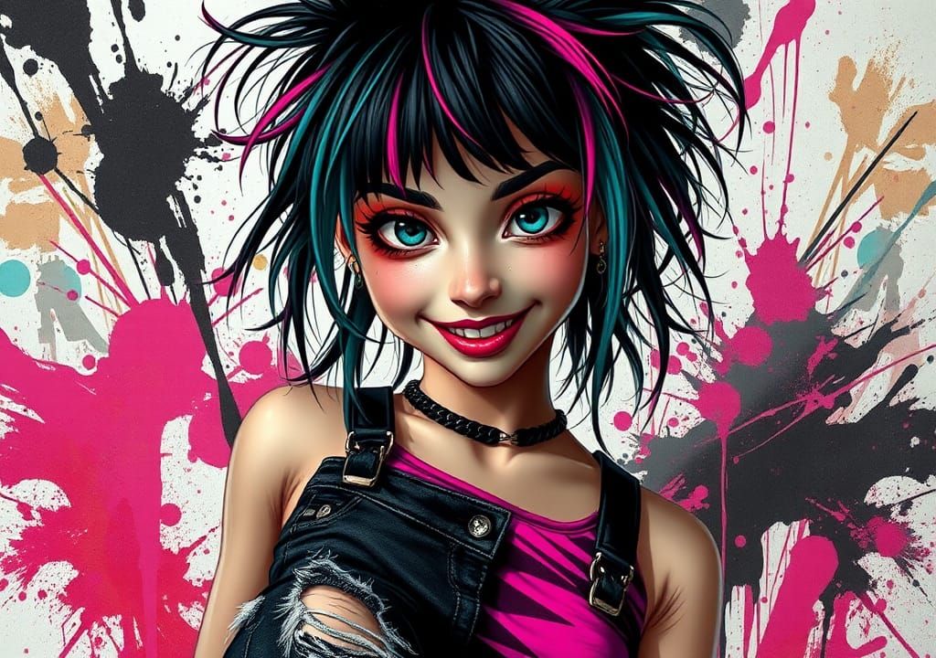 Punk Girl Portrait with Abstract Splashes, Hyperrealistic St...