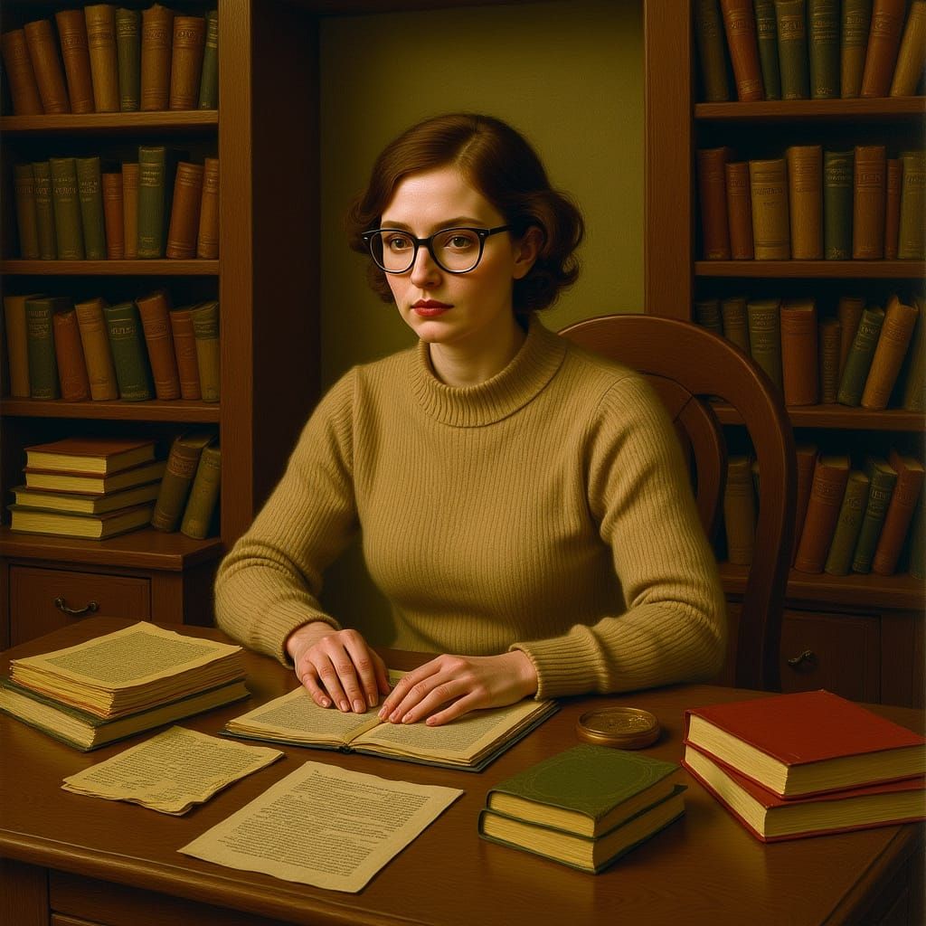 Cozy Woman at Desk Surrounded by Vintage Books