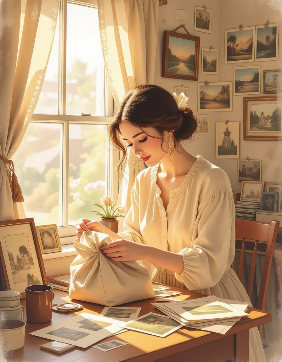Woman Packing Memories in Golden Light