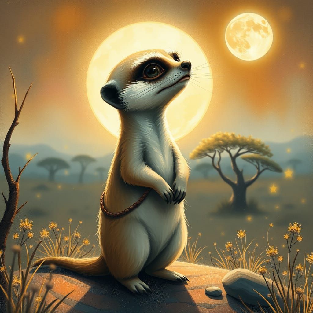 Mystical Meerkat in Moonlit Savannah as Digital Art