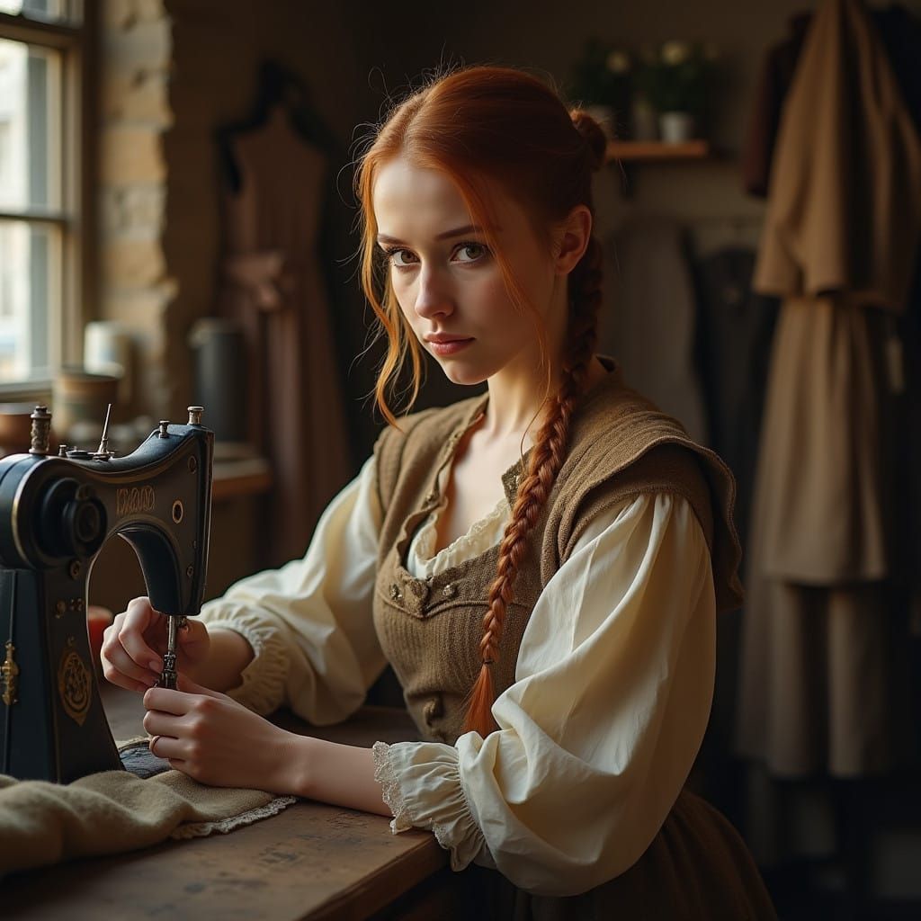 Medieval Seamstress: A Cinematic Portrait of a Beige-Clothed...