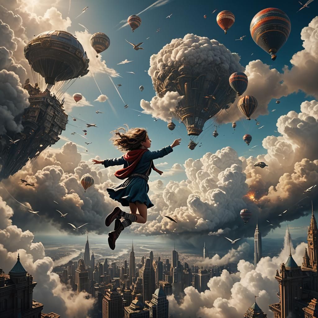 Child Soaring Through Sky: Fantasy Concept Art