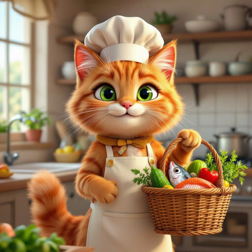 Tabby Cat Chef in Cozy Kitchen, Pixar Style