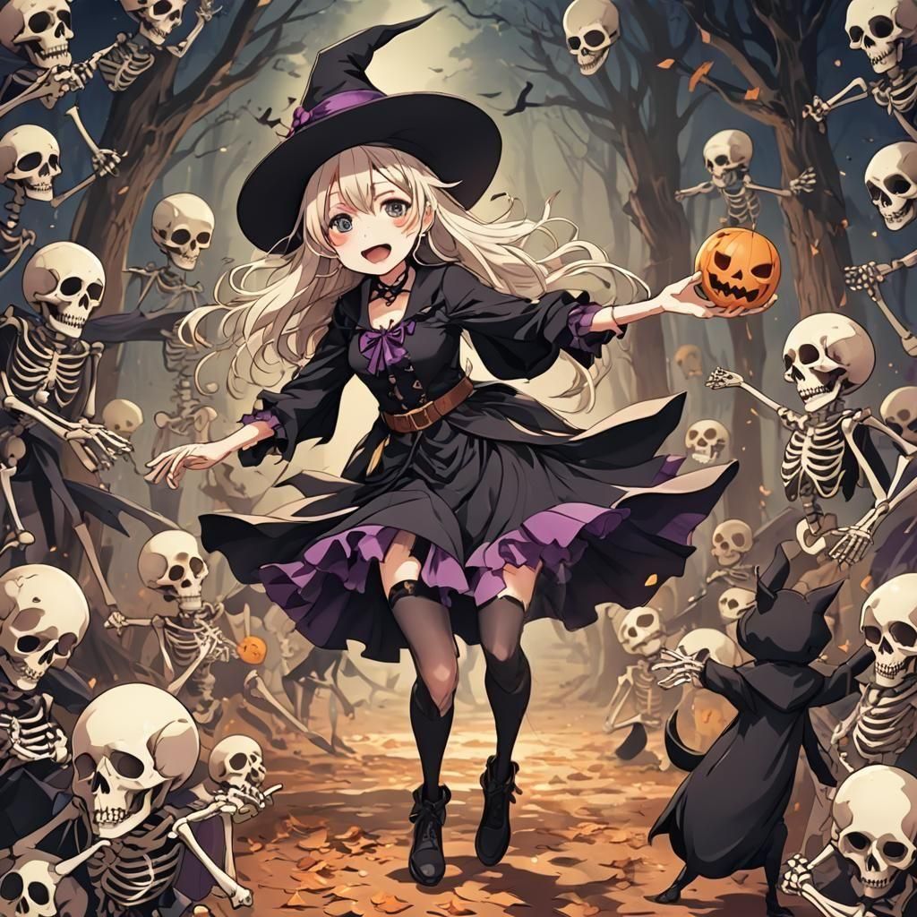 Cute Witch Dancing with Skeletons in Anime Style