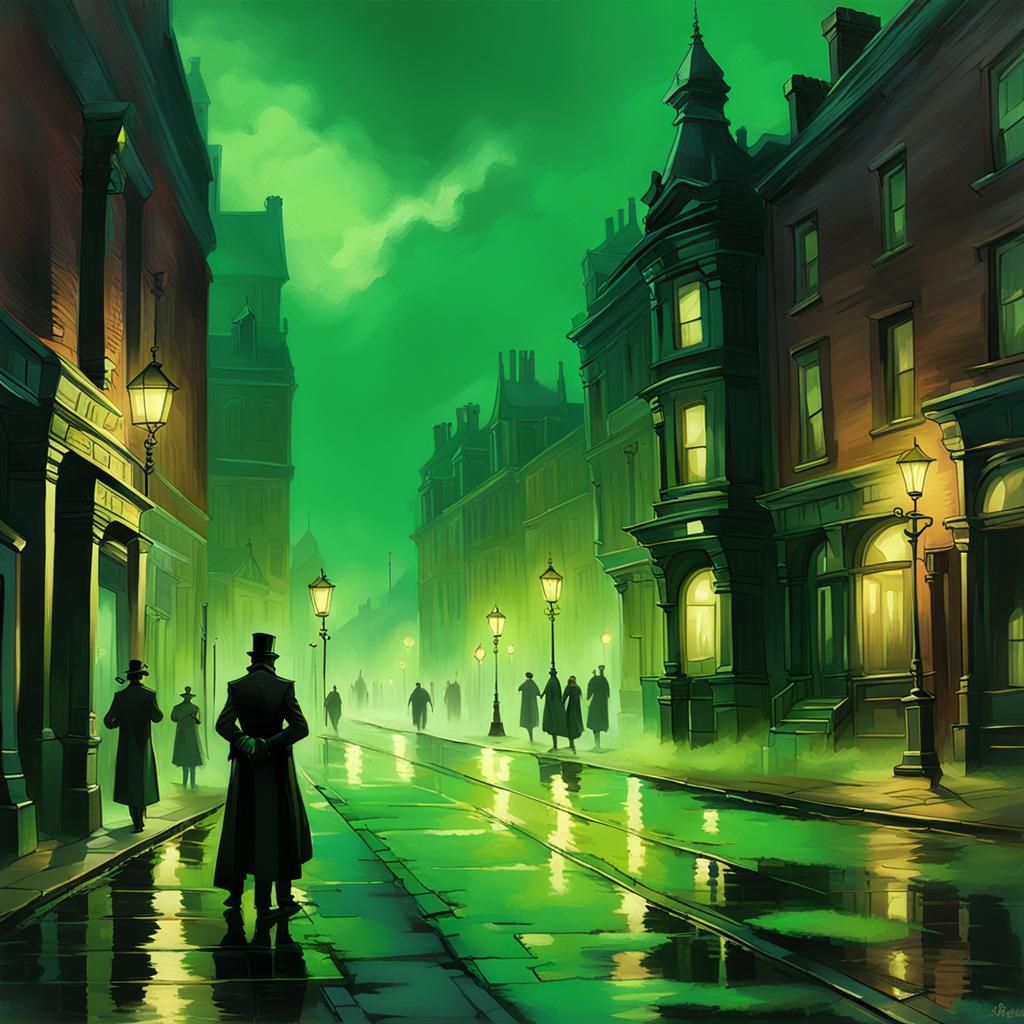 Victorian City at Night with Green Fog
