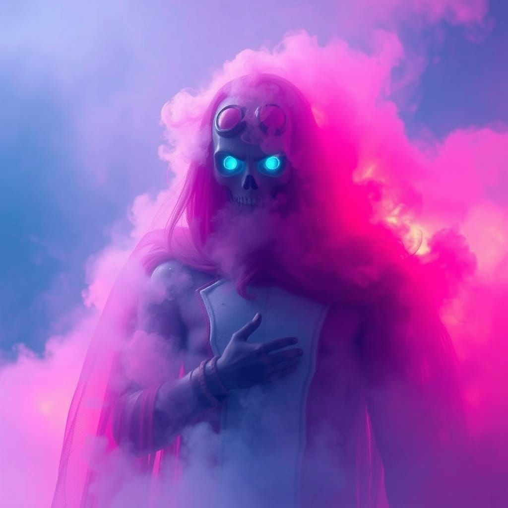 Ethereal Figure Emerges from Fog in Cyberpunk Aesthetic