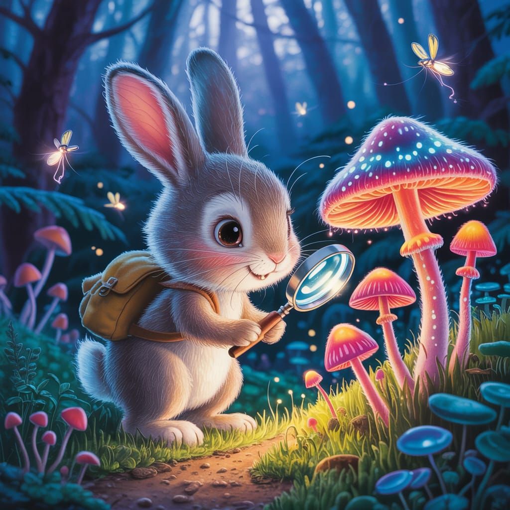 Bunny in Bioluminescent Mushroom Forest Illustration