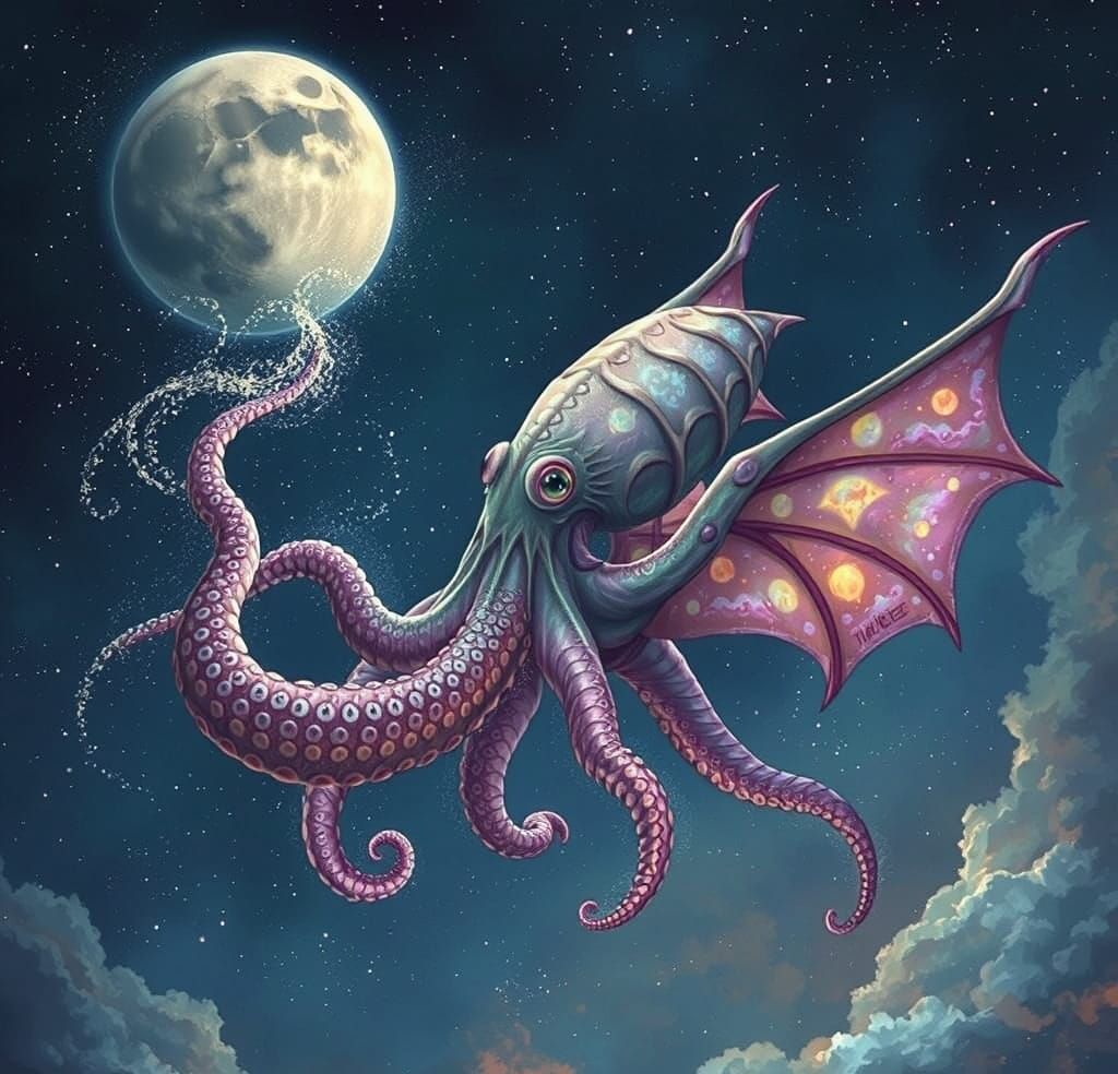 Ethereal Octopi-Dragon Soaring Through Night Sky