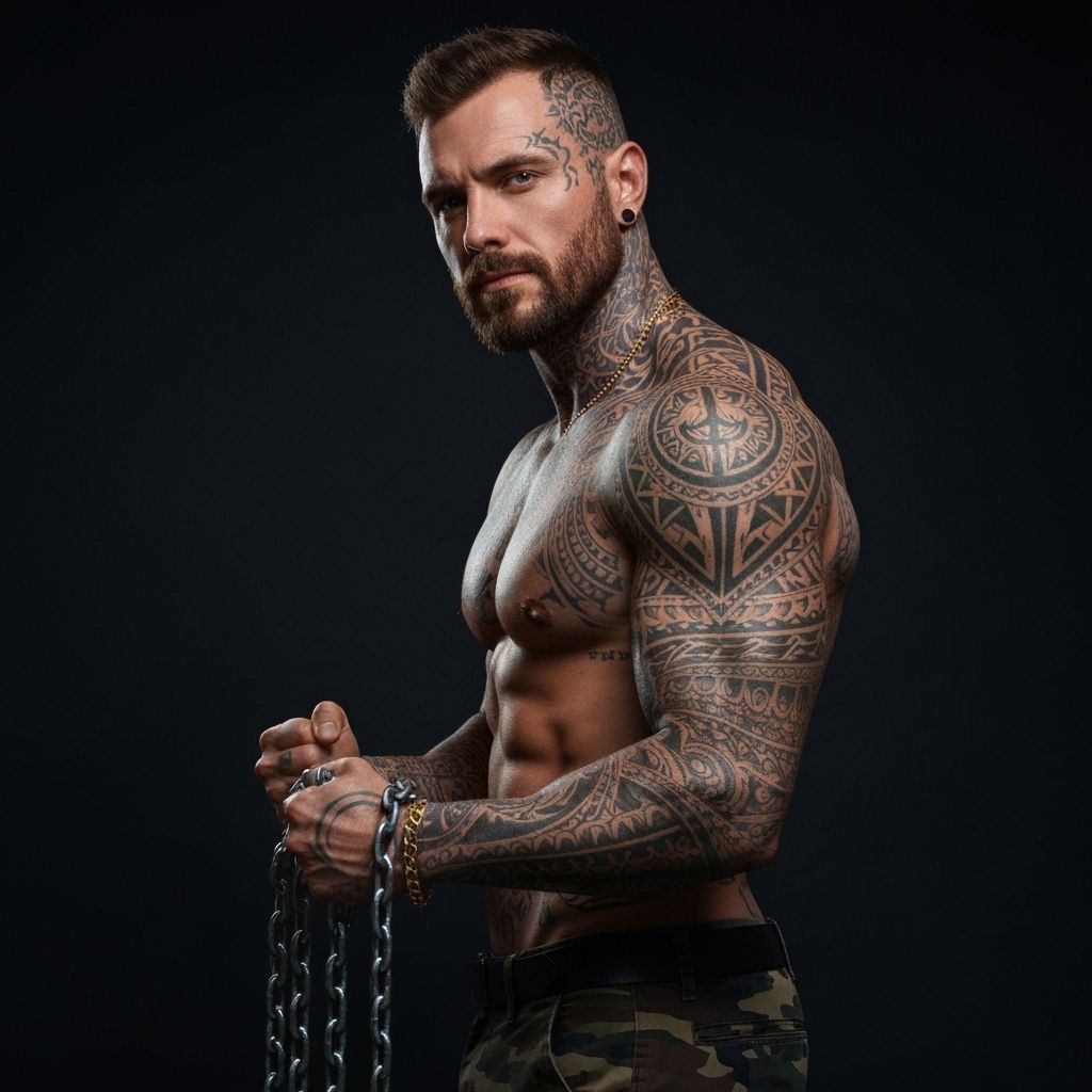 Hyperrealistic Portrait: Athletic Man with Tribal Tattoos