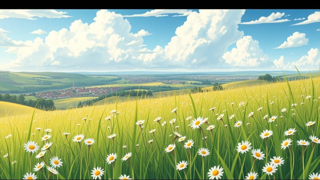 Dreamy Anime Landscape with Daisies and Town on the Horizon